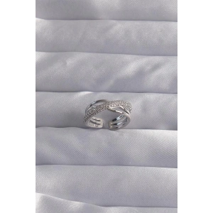 Pirinç Ayarlamalı Gümüş Renk Zirkon Taşlı Çapraz Görünüm Yüzük