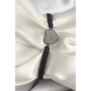 Pirinç Füme Renk Zirkon Taşlı Kalp Figür Asansörlü Makrome Model Kadın Bileklik