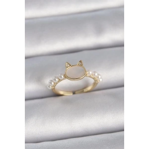 Pirinç Gold Renk Ayarlanabilir Beyaz Mineli Kedi Model İnci Detay Kadın Yüzük