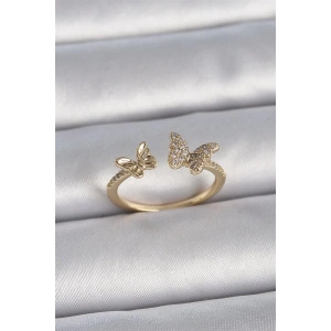 Pirinç Gold Renk Ayarlanabilir Zirkon Taşlı Kelebek Model Kadın Yüzük
