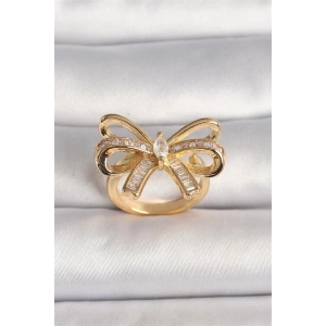 Pirinç Gold Renk Ayarlanabilir Zirkon Taşlı Kurdele Model Kadın Yüzük
