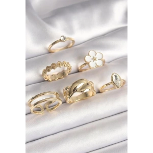 Pirinç Gold Renk Beyaz Çiçek Figür Zirkon Taşlı Kadın 6Lı Kadın Yüzük Seti