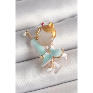 Pirinç Gold Renk Beyaz Mavi Renk Hemşire Model Şırınga Detay Kadın Broş
