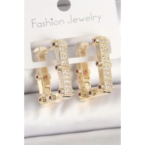 Pirinç Gold Renk Kare Zirkon Taşlı Kadın Küpe