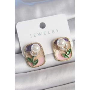 Pirinç Gold Renk Mix Renk Mineli İncili Çiçek Model Portre Model Kadın Küpe