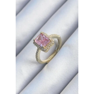 Pirinç Gold Renk Pembe Zirkon Taşlı Kadın Yüzük