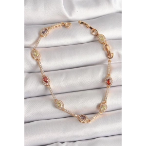 Pirinç Gold Renk Renkli Damla Zirkon Taşlı Kadın Bileklik
