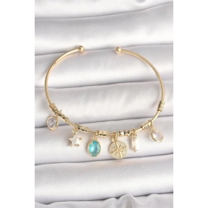 Pirinç Gold Renk Sallantı Zirkon Taş Detaylı Pusula Figür Charm Kadın Bileklik