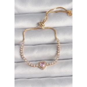 Pirinç Gold Renk Su Yolu Zirkon Taşlı Pembe Zirkon Taşlı Kalp Asansör Model Charm Kadın Bileklik