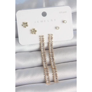 Pirinç Gold Renk Su Yolu Zirkon Taşlı Sallantı Model Çiçek Detay 925 Ayar Gümüş Çivi Kadın Küpe Seti