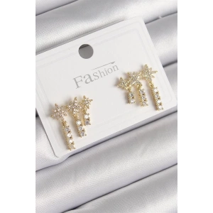 Pirinç Gold Renk Zirkon Taşlı 3Lü Sallantı Yıldız Model Kadın Küpe