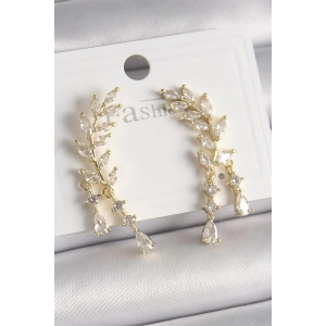 Pirinç Gold Renk Zirkon Taşlı Başak Model Kadın Küpe