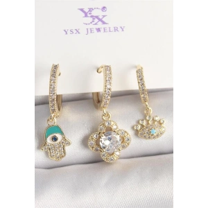 Pirinç Gold Renk Zirkon Taşlı Fatma Ana El Yonca Figür Göz Detay 3Lü Kadın Kombin Küpe