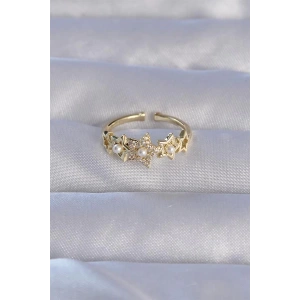 Pirinç Gold Renk Zirkon Taşlı İncili Yıldız Model Ayarlanabilir Yüzük