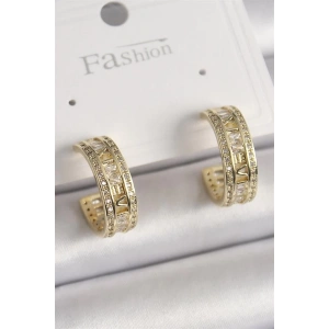 Pirinç Gold Renk Zirkon Taşlı İşleme Detay Halka Model Kadın Küpe