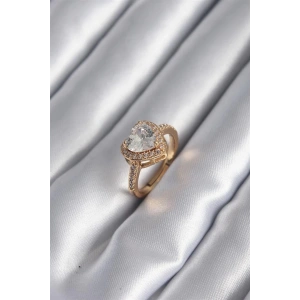Pirinç Gold Renk Zirkon Taşlı Kalp Charm Model Kadın Yüzük