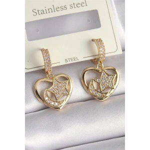 Pirinç Gold Renk Zirkon Taşlı Kalp Model Ay Yıldız İşleme Kadın Küpe