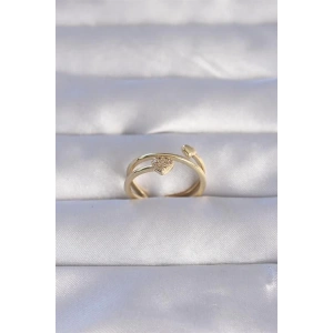 Pirinç Gold Renk Zirkon Taşlı Kalpli Model Ayarlanabilir Yüzük