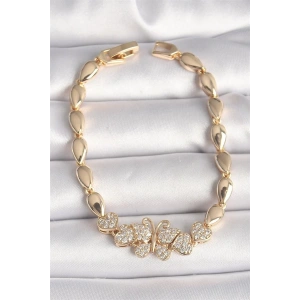 Pirinç Gold Renk Zirkon Taşlı Kelebek Figür Damla Zincir Model Kadın Bileklik