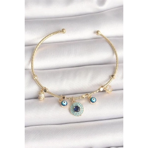 Pirinç Gold Renk Zirkon Taşlı Nazar Boncuk Detay Charm Kadın Bileklik