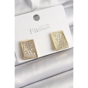 Pirinç Gold Renk Zirkon Taşlı Plaka Model Kadın Küpe