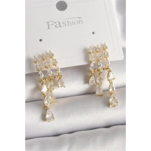 Pirinç Gold Renk Zirkon Taşlı Yağmur Model Kadın Küpe