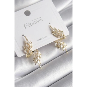 Pirinç Gold Renk Zirkon Taşlı Yaprak Model Kadın Küpe
