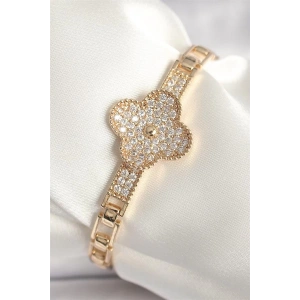 Pirinç Gold Renk Zirkon Taşlı Yonca Model Kadın Bileklik