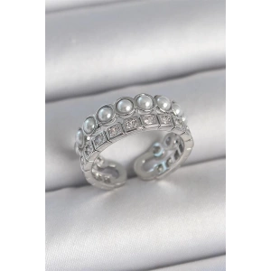 Pirinç Gümüş Renk 2Li Sıra Zirkon Taşlı Ve İncili Ayarlanabilir Kadın Yüzük