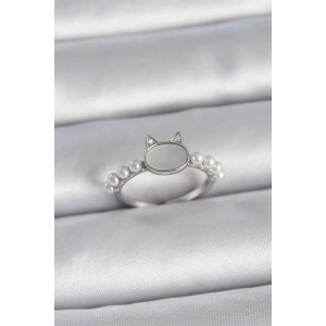 Pirinç Gümüş Renk Ayarlanabilir Beyaz Mineli Kedi Model İnci Detay Kadın Yüzük