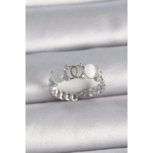 Pirinç Gümüş Renk Ayarlanabilir Zirkon Taşlı Beyaz Mineli Birleşik Halka Model Kadın Yüzük