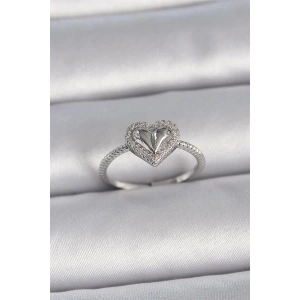 Pirinç Gümüş Renk Ayarlanabilir Zirkon Taşlı Kalp Model Kadın Yüzük