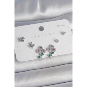 Pirinç Gümüş Renk Renkli Zirkon Taşlı Çiçek Model Yaprak Detay 925 Ayar Gümüş Çivi Kadın Küpe Seti