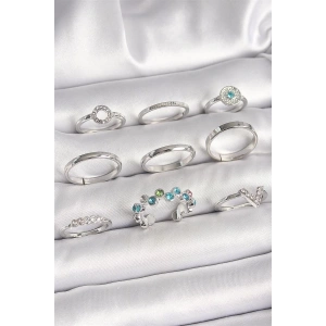 Pirinç Gümüş Renk Renkli Zirkon Taşlı Kadın Yüzük Kombini