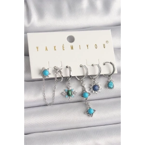 Pirinç Gümüş Renk Zirkon Taş Detaylı Mavi Boncuklu Çiçek Model VIP Seri Kadın Küpe Kombini