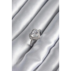 Pirinç Gümüş Renk Zirkon Taş Kalp Charm Model Kadın Yüzük