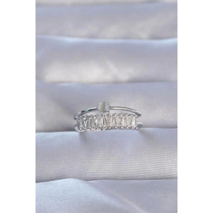 Pirinç Gümüş Renk Zirkon Taşlı Baget Su Yolu Model Ayarlanabilir Yüzük