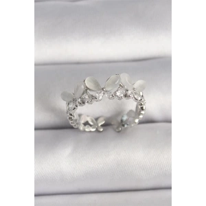 Pirinç Gümüş Renk Zirkon Taşlı Beyaz Mineli Kelebek Model Ayarlanabilir Yüzük