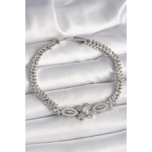 Pirinç Gümüş Renk Zirkon Taşlı Çiçek Figür Arpa Zincir Model Kadın Bileklik