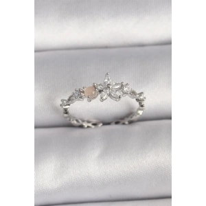 Pirinç Gümüş Renk Zirkon Taşlı Çiçek Model Ayarlanabilir Yüzük