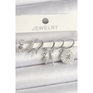 Pirinç Gümüş Renk Zirkon Taşlı Çoklu Figür Kadın Küpe Seti