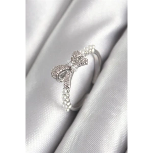 Pirinç Gümüş Renk Zirkon Taşlı İnci Detay Kadın Yüzük