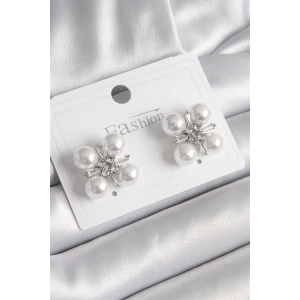 Pirinç Gümüş Renk Zirkon Taşlı İncili Kadın Küpe