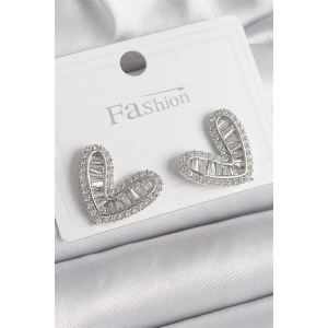 Pirinç Gümüş Renk Zirkon Taşlı Kalp Model Kadın Küpe