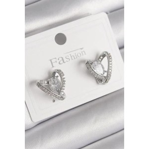 Pirinç Gümüş Renk Zirkon Taşlı Kalp Model Kadın Küpe