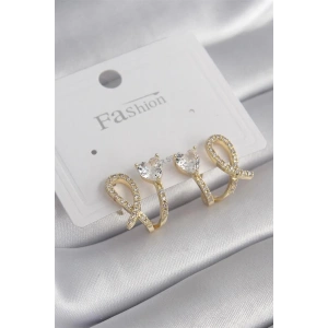 Pirinç Gümüş Renk Zirkon Taşlı Kalp Model Kadın Küpe