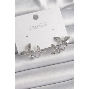 Pirinç Gümüş Renk Zirkon Taşlı Kelebek Model Kadın Küpe