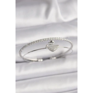 Pirinç Gümüş Renk Zirkon Taşlı Kuğu Model Kadın Bileklik
