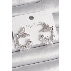 Pirinç Gümüş Renk Zirkon Taşlı Sallantı Detay Kelebek Model Kadın Küpe