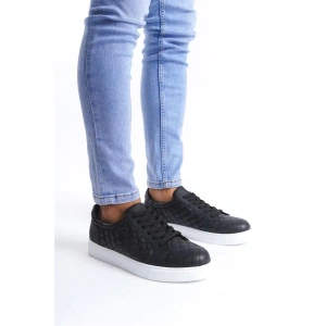 SLW166 Prestige Bağcıklı Cilt Kapitone Desenli Erkek Günlük Sneaker Ayakkabı CBT - Siyah